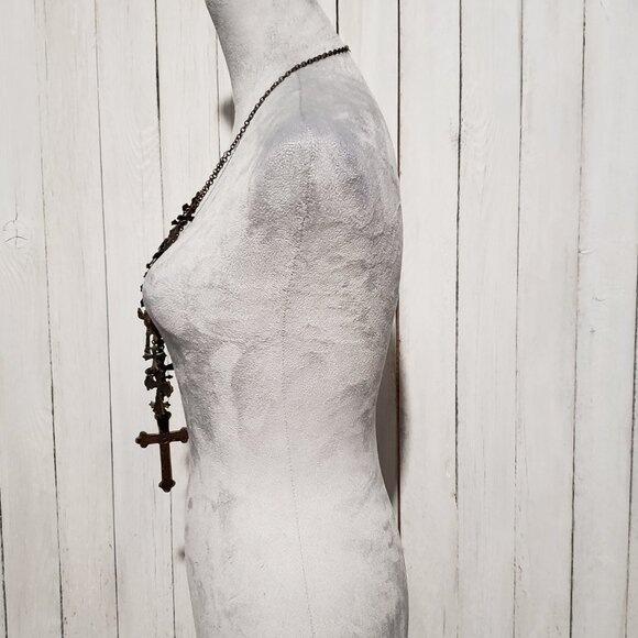 Metal Multi Cross Necklace Statement Pendants Boho Brass Bronze Gothic 36" - Picture 5 of 6